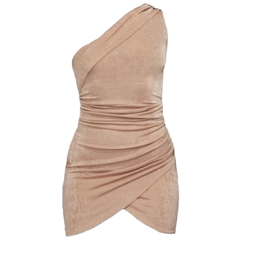 PrettyLittleThing Taupe One Shoulder Ruched Bodycon Mini Dress - Size 10